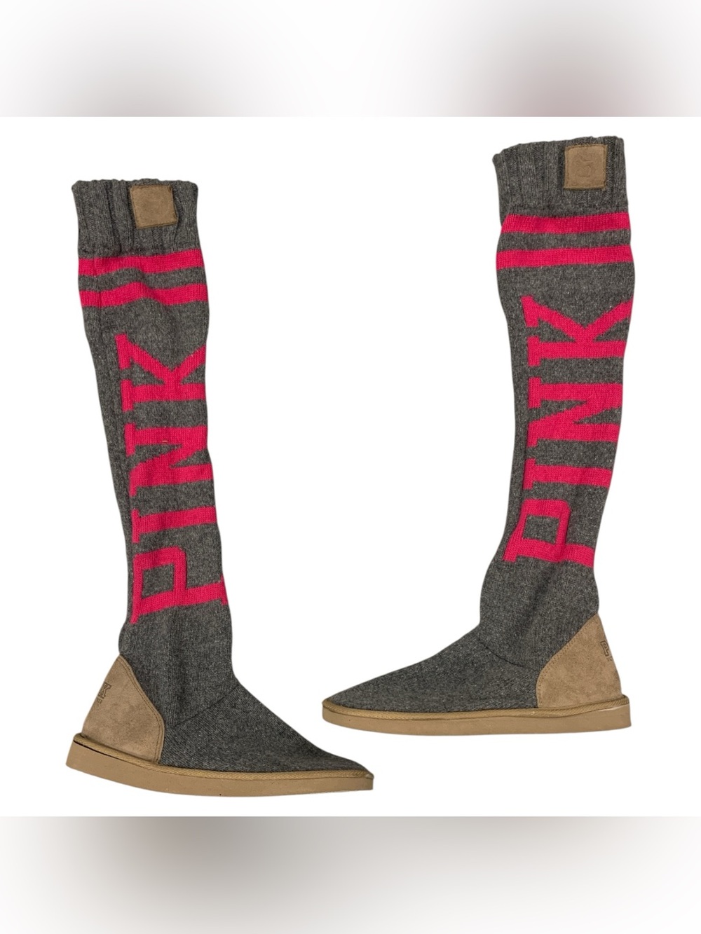 PINK Victoria's Secret Gray Knit Over-the-Knee Boots with Pink Logo S10